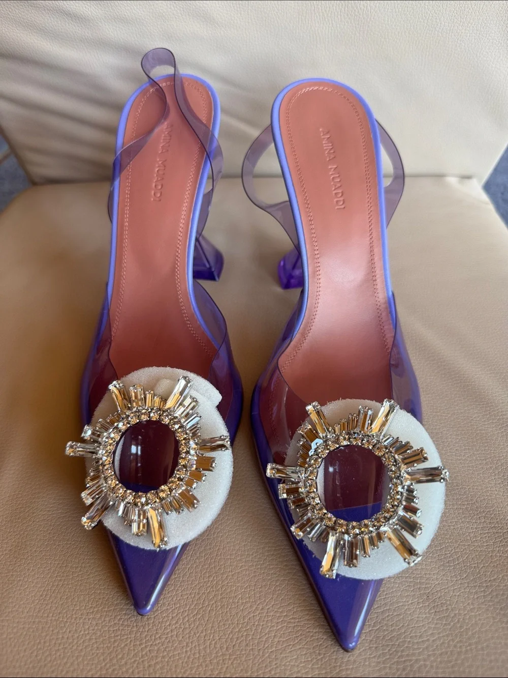 Amina Muaddi Purple Jeweled Pointed-Toe Slingbacks
